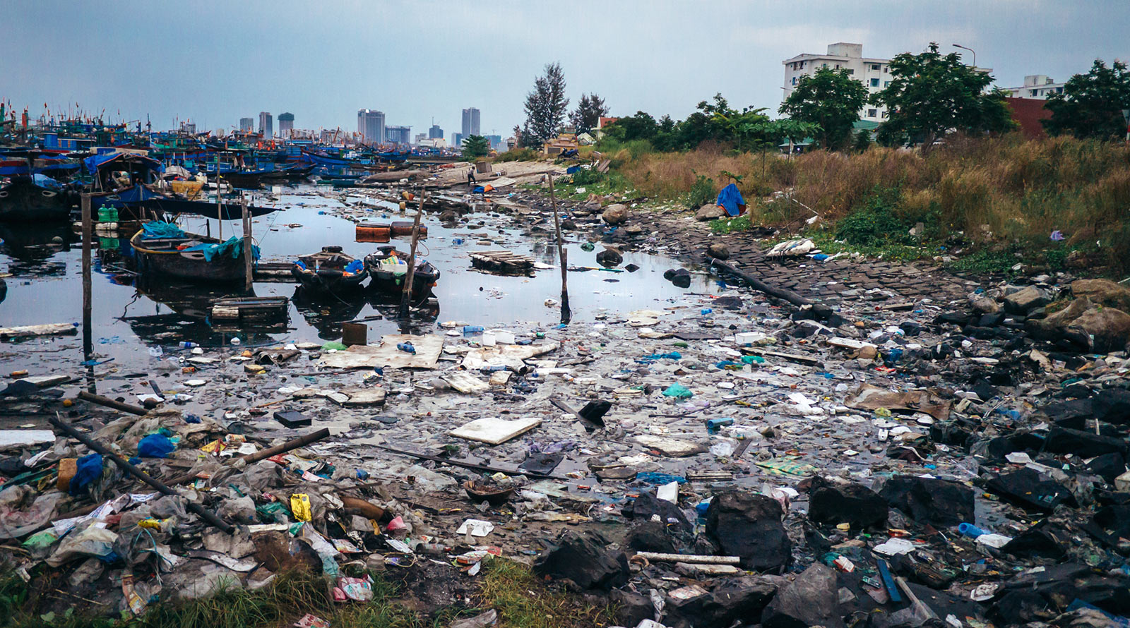 River filled with plastic in big city